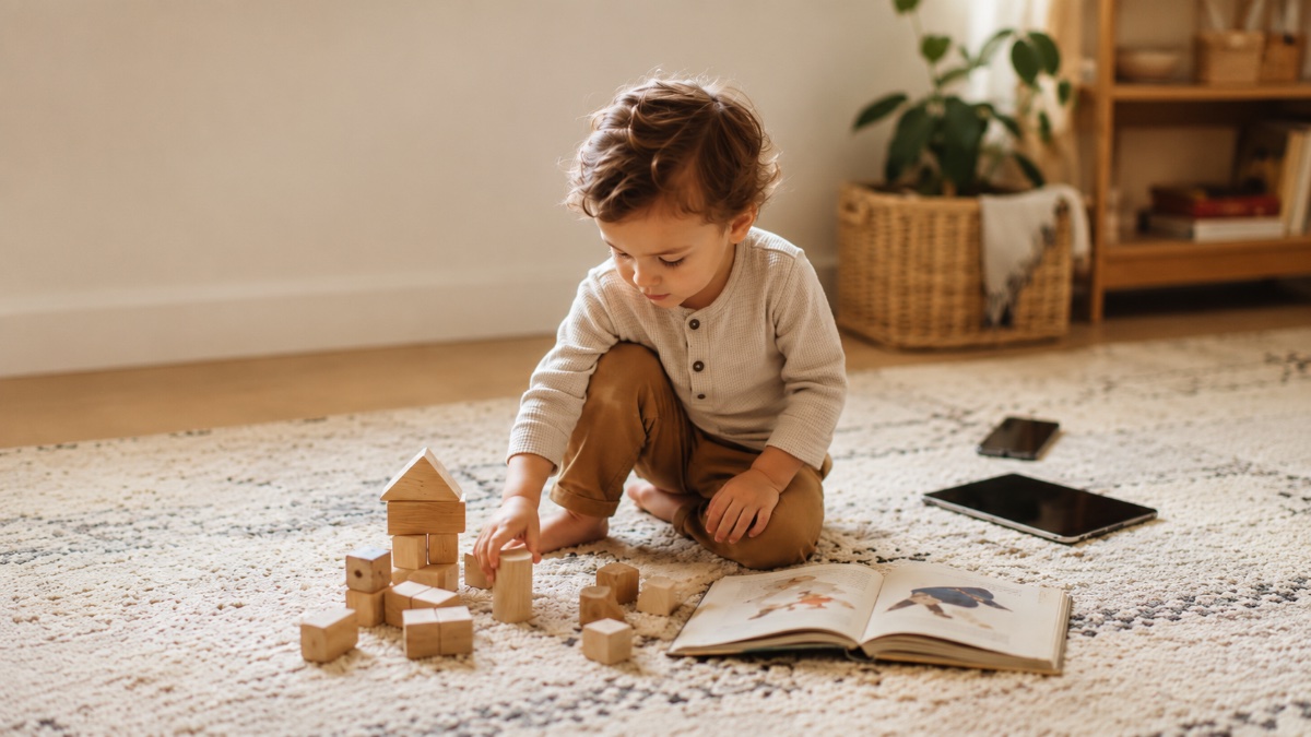 Niño jugando con bloques de madera y un cuento mientras las pantallas están apagadas